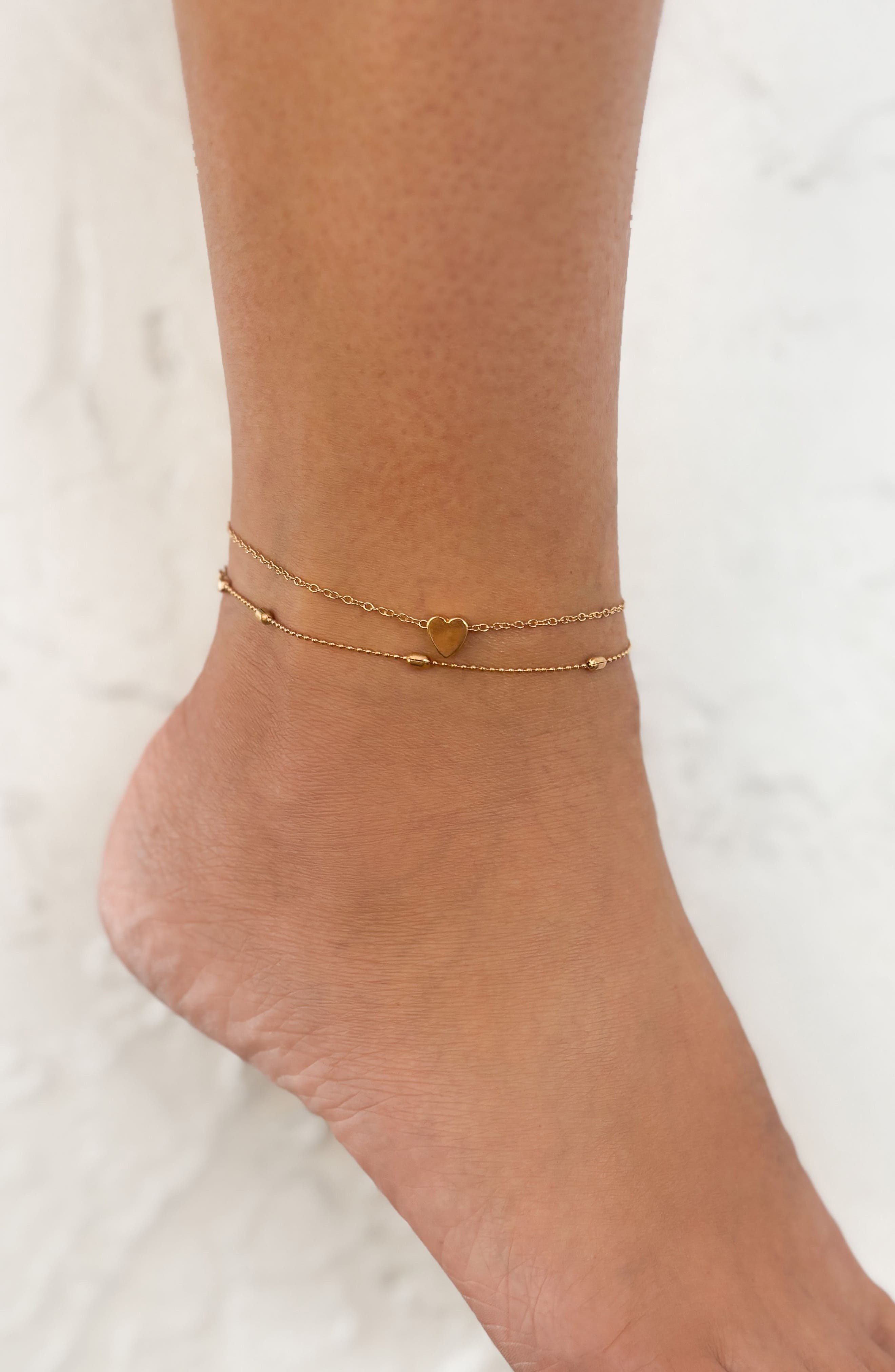Adornia Set of 2 Heart & Station Chain Anklets