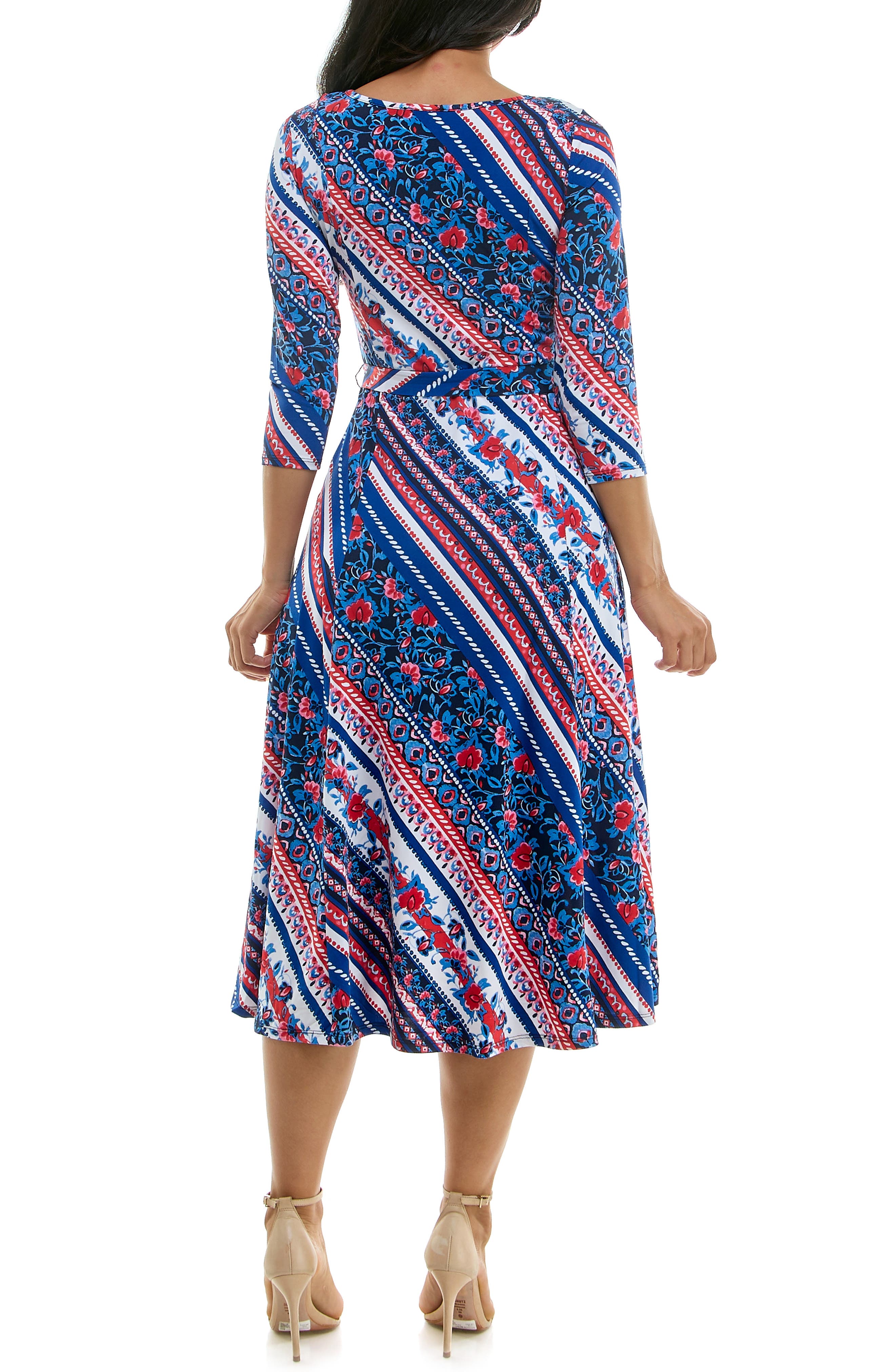 Nina Leonard Floral Stripe Three-Quarter Sleeve A-Line Dress