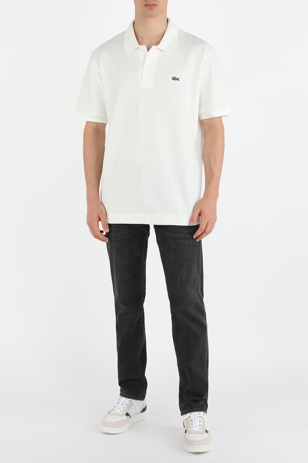 LACOSTE חולצת פולו לבנה מכותנה