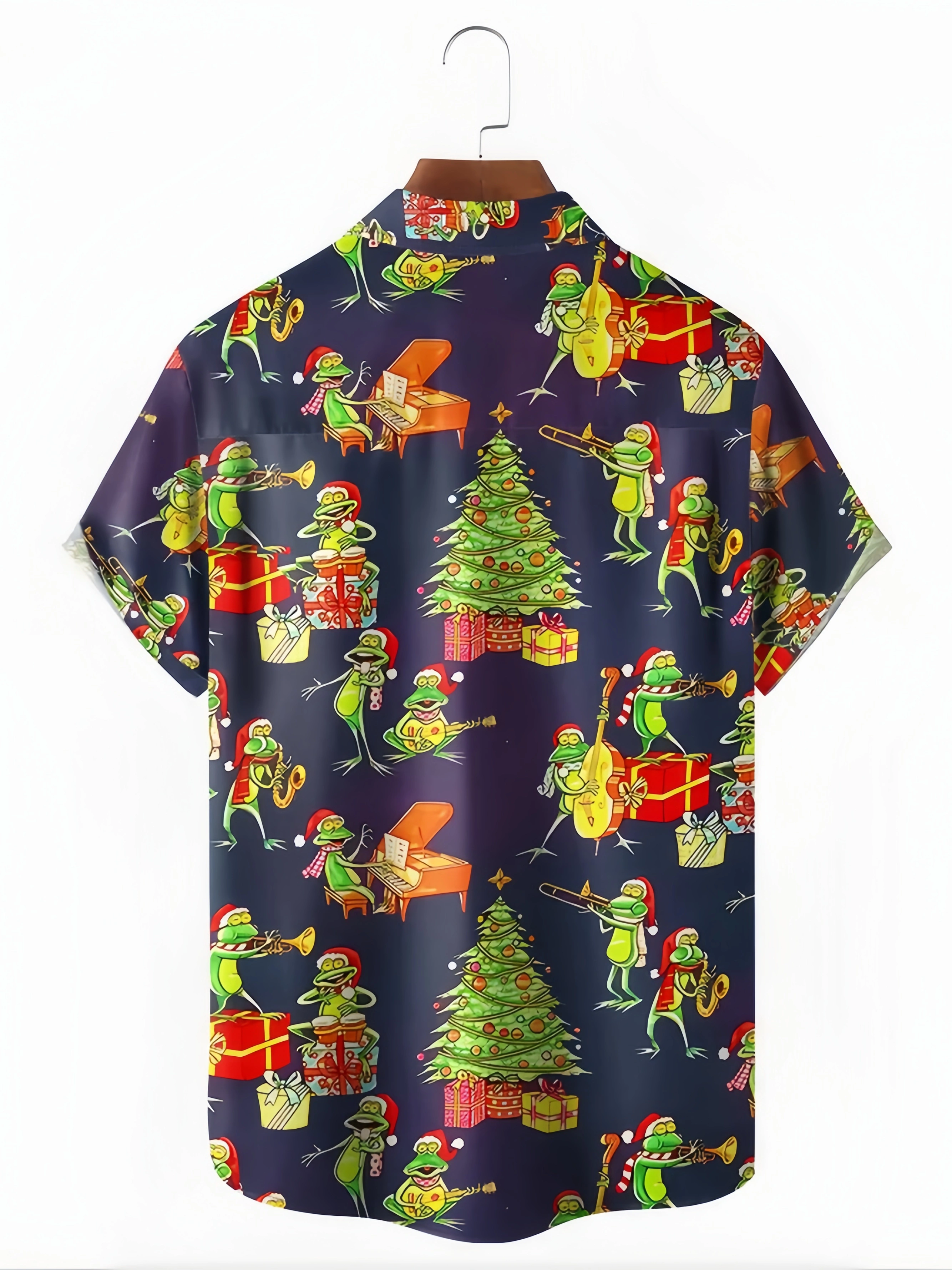 Christmas Frog Chest Pocket Short Sleeve Casual Shirt