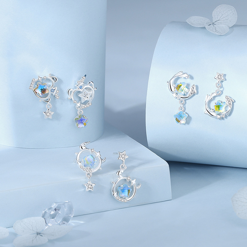 Original Starlight Zodiac Earrings for Women, 925 Sterling Silver, Korean Style, Summer Fresh Moonstone Star Earrings, Ins Style