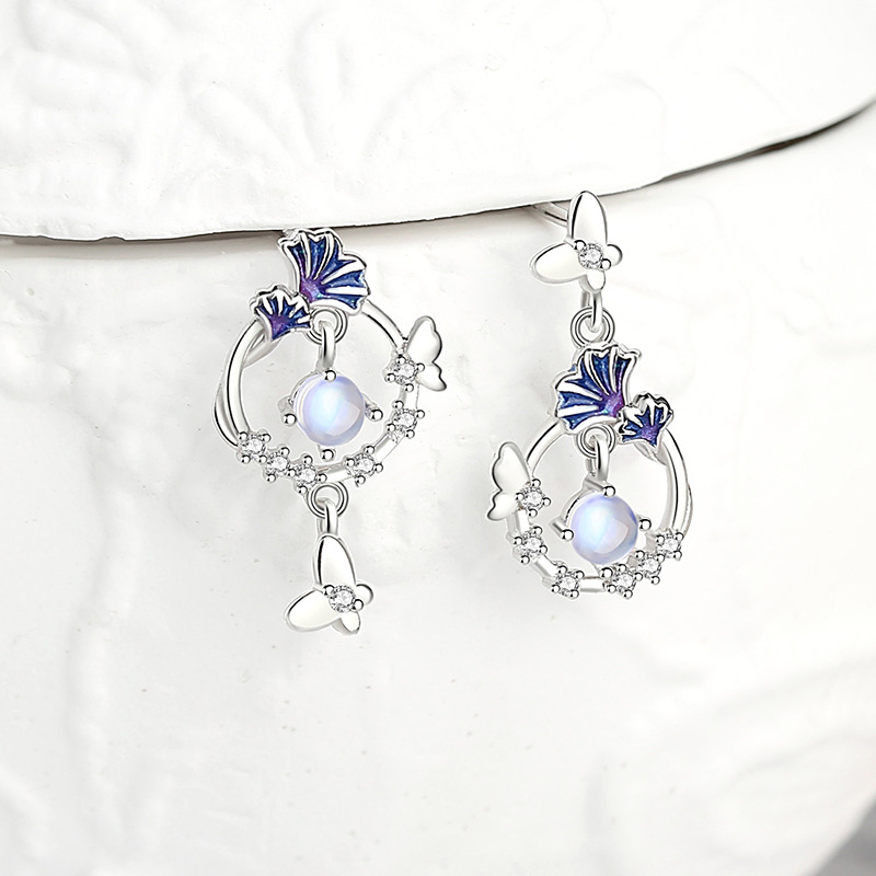 Original small almond-shaped butterfly earrings for women, made of pure silver, summer fresh forest style moonstone earrings, Korean version ins earrings