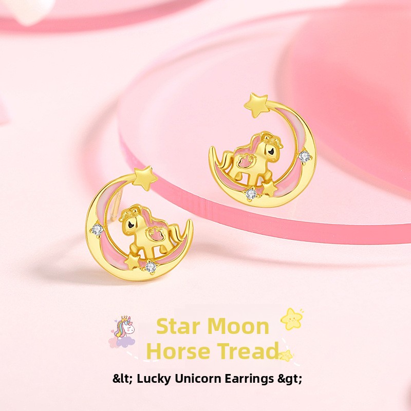 Original Star and Moon Cute Horse Earrings for Women, Pure Silver, Unique Design, Enamel Unicorn Earrings, Girly Heart, Horse Year Earrings