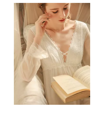 Court nightdress women sexy spring and autumn thin ice silk autumn winter French retro long sleeve princess style pajamas skirt long