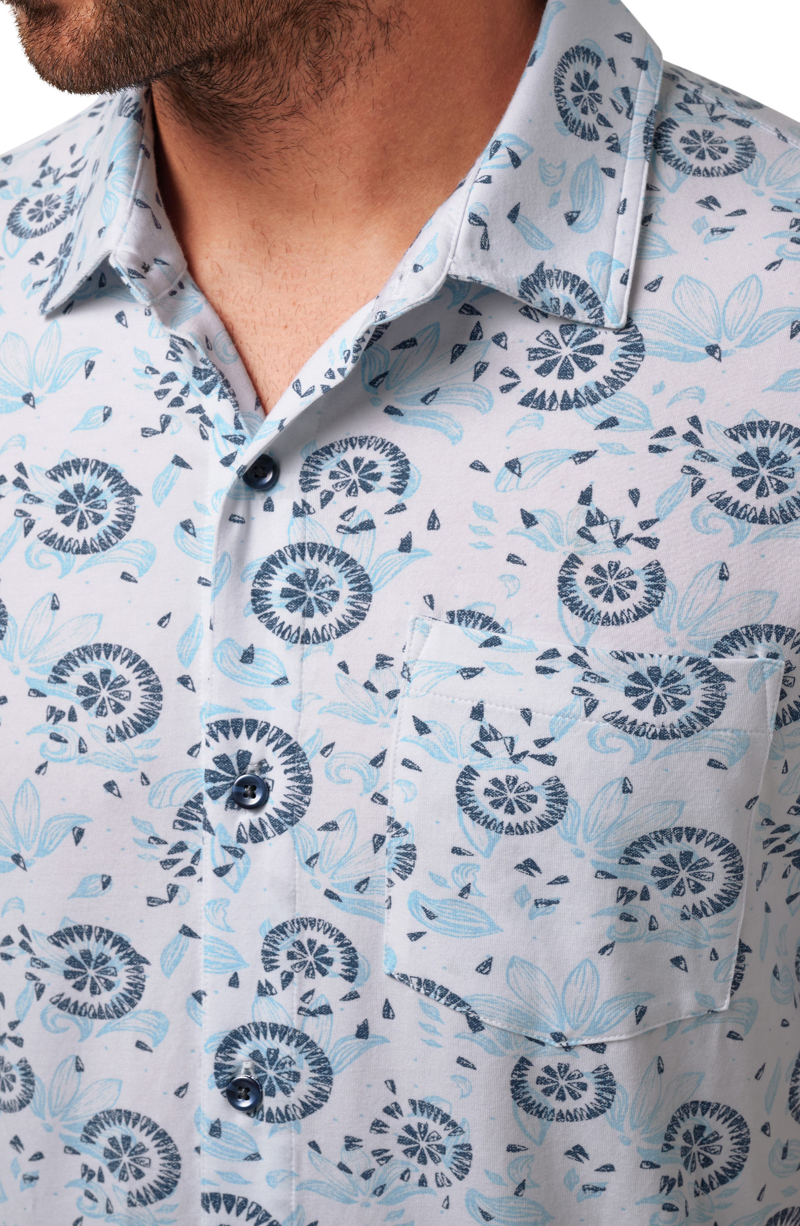 TravisMathew Flourish Floral Medallion Short Sleeve Stretch Cotton & Modal Blend Button-Up Shirt