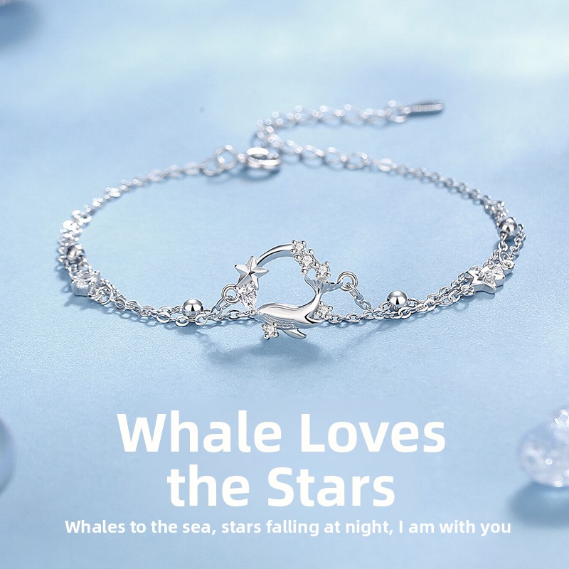 Original Whale and Star Bracelet for Women, 925 Sterling Silver, Korean Style, Niche, Light Luxury, Ins Star Bracelet, Valentine's Day Gift