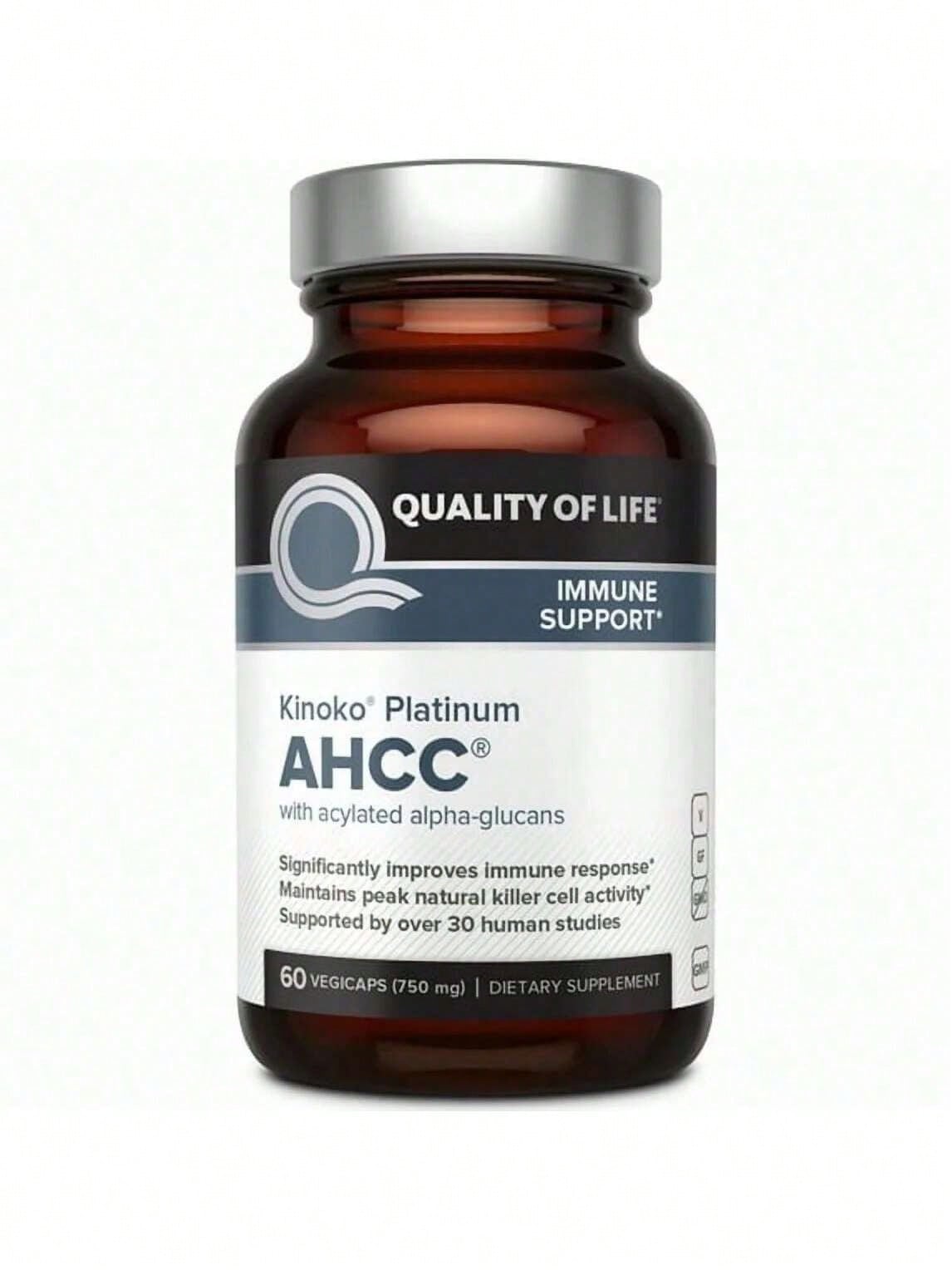 Quality of Life Premium Kinoko Platinum AHCC Herbal Supplement, 750mg per Capsule, for Immune Support, Liver Function, Maintains Natural Killer Cell Activity, Pack of 1, 60 Veggie Capsules