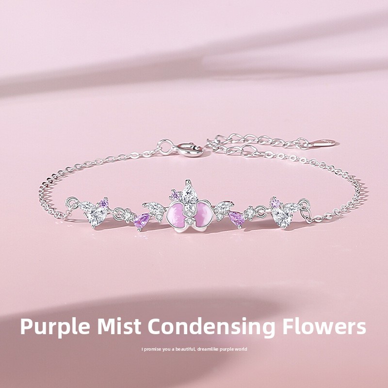Original Purple Mist Flower Bracelet for Women, Pure Silver, Summer Forest Style, Fresh Floral Design, Enamel and Resin with Zirconia Stones