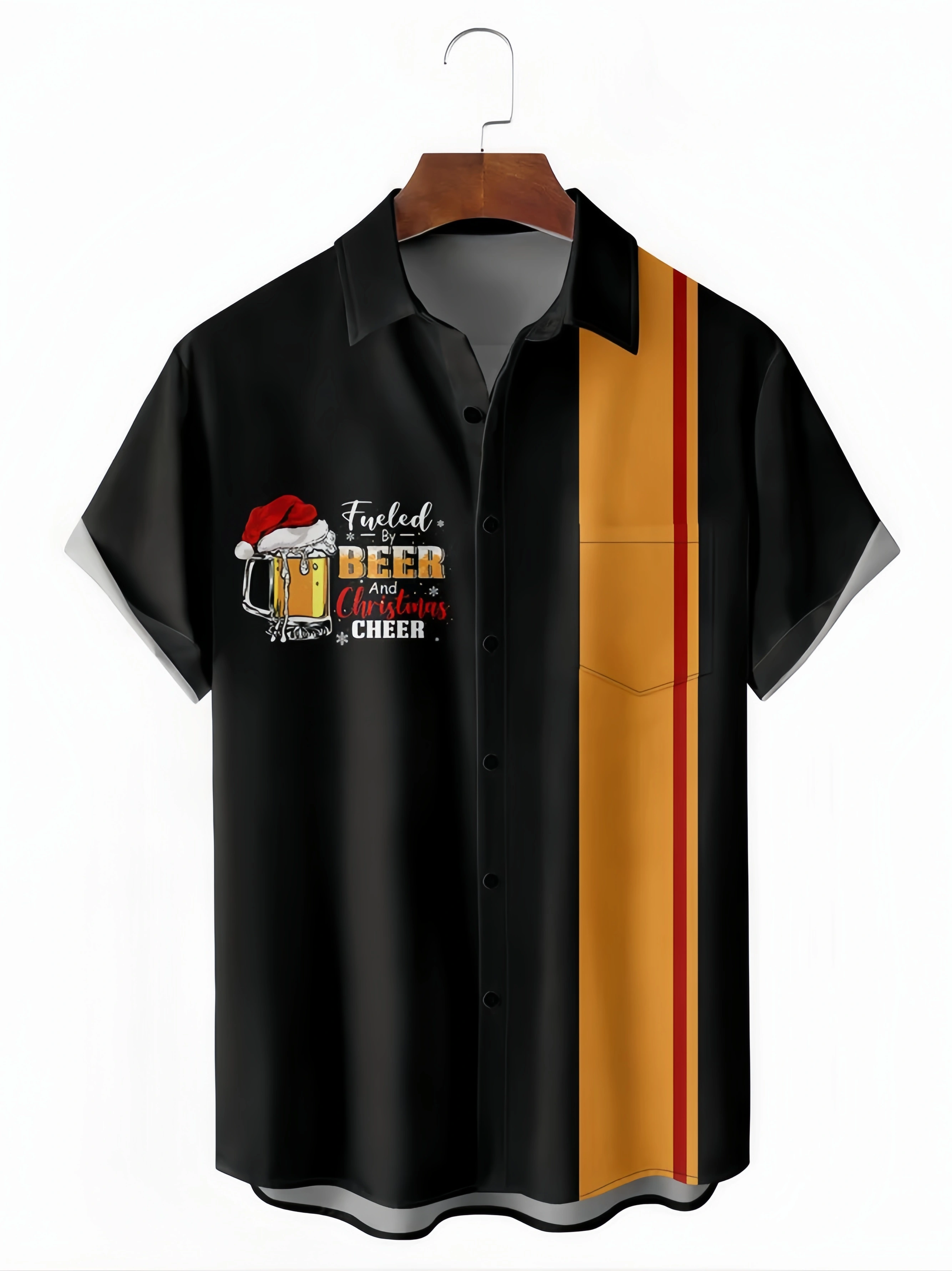 Christmas Beer Chest Pocket Short Sleeve Bowling Shirt