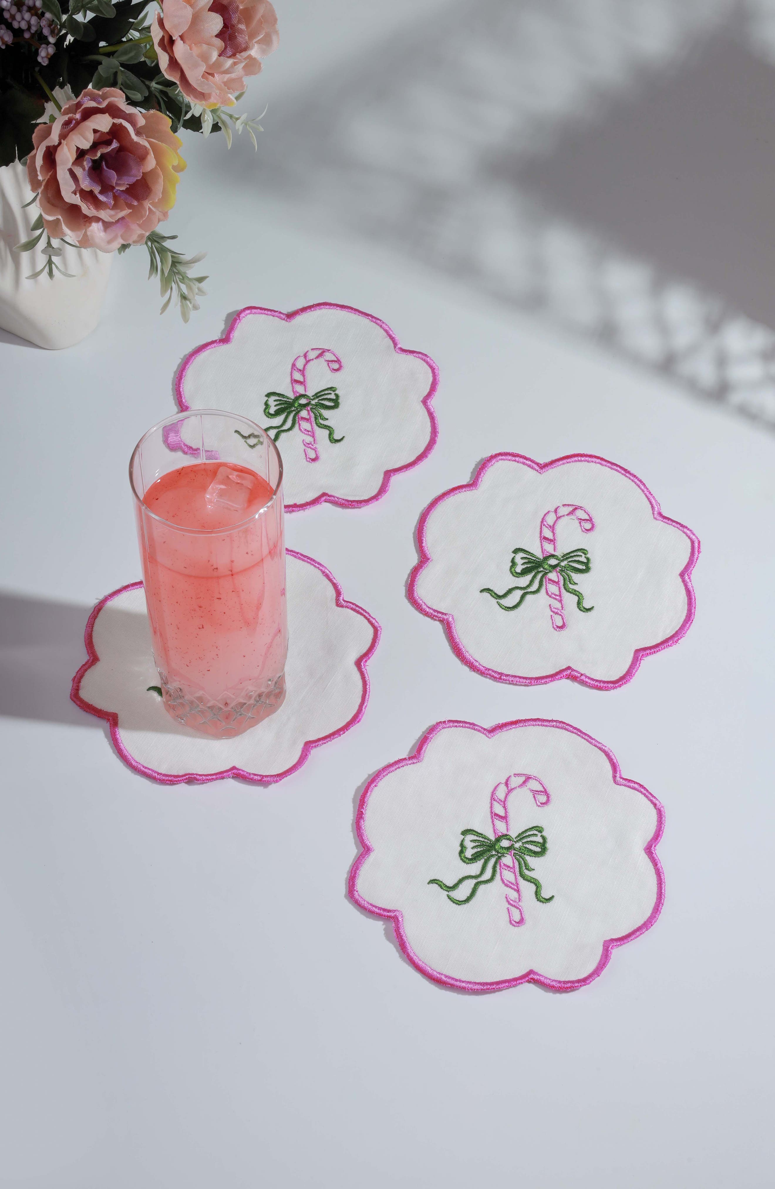 Tiramisu Set of 4 Embroidered Candy Cane Charm Linen Cocktail Napkins