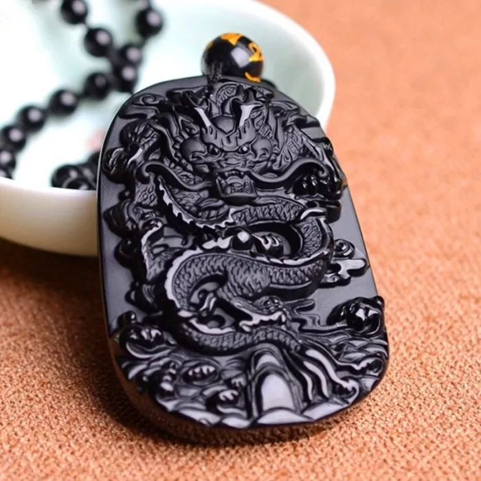 Natural Black Obsidian Carved Dragon Amulet Lucky Pendant beads necklace for men's Fashion Jades Jewelry