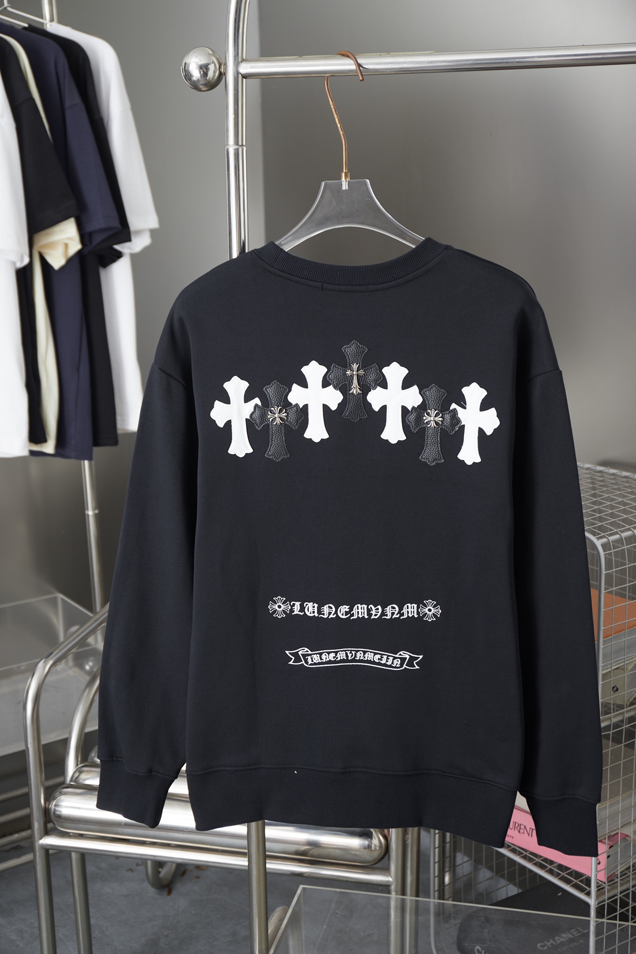 Leather Patch Embroidered Long Sleeve Sweatshirt