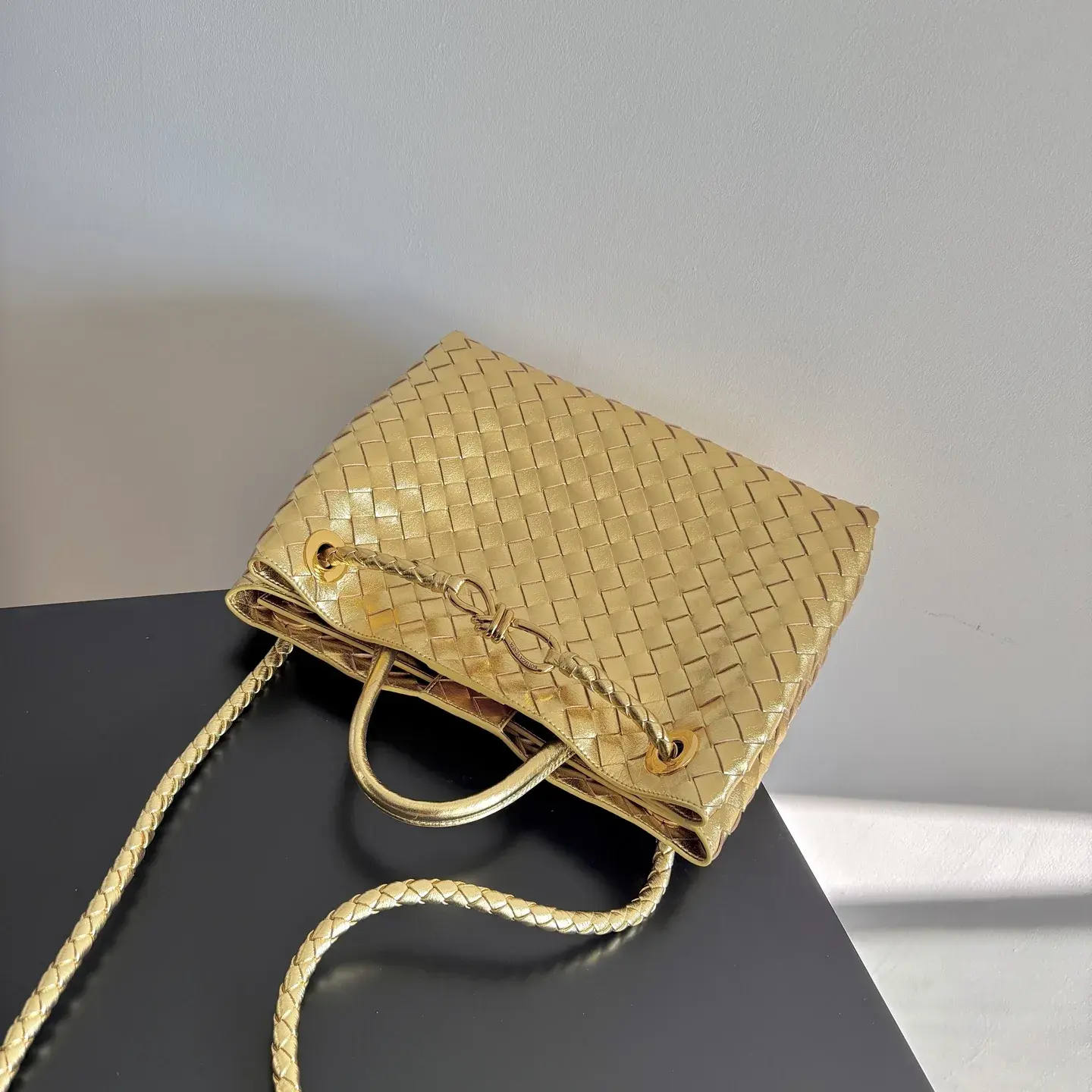Bottega Veneta Gold Andiamo Intrecciato Woven Leather Top Handle Bag product photo from LabelPicks
