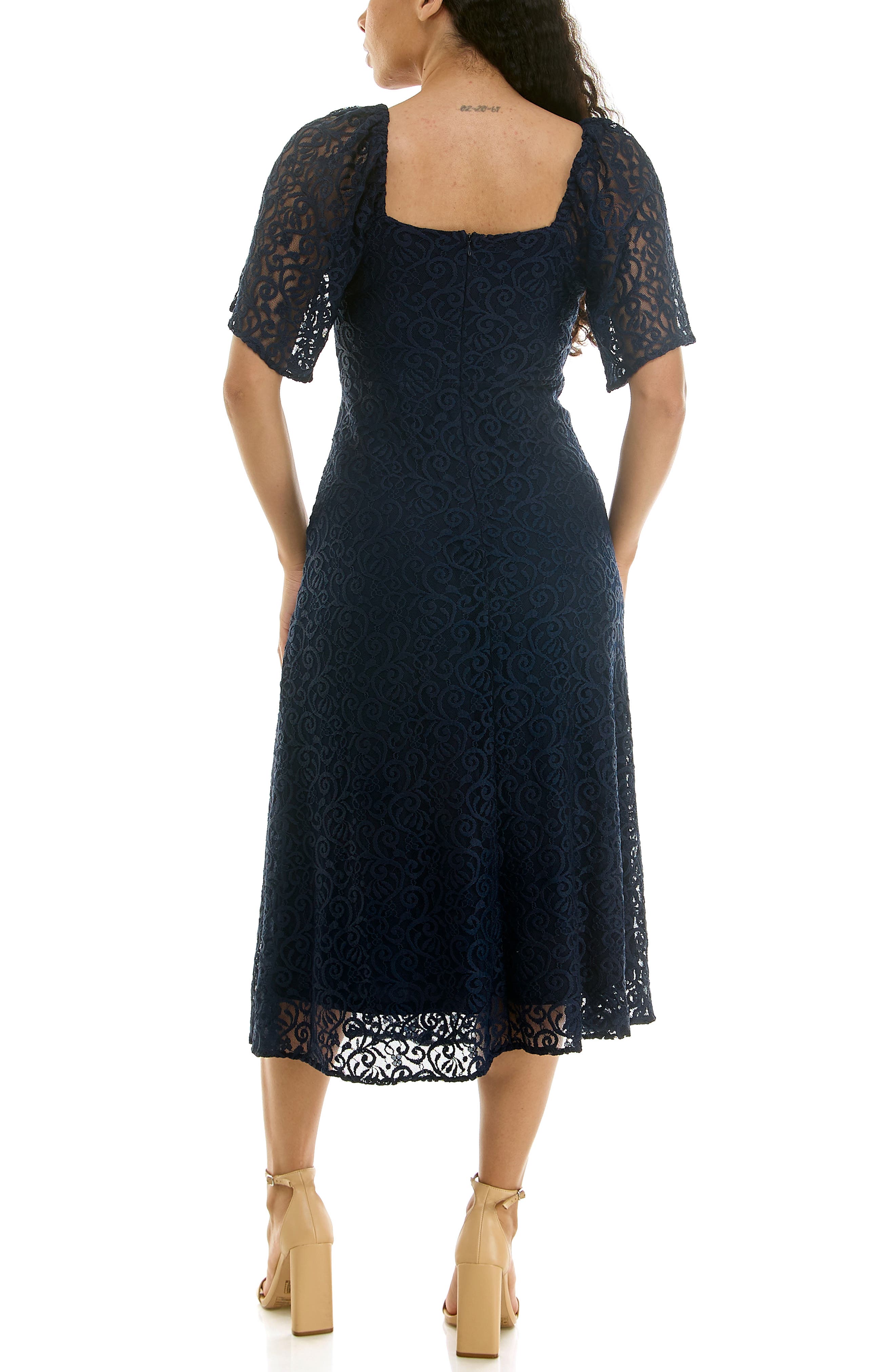 Nina Leonard Flutter Sleeve Lace MIdi Dress