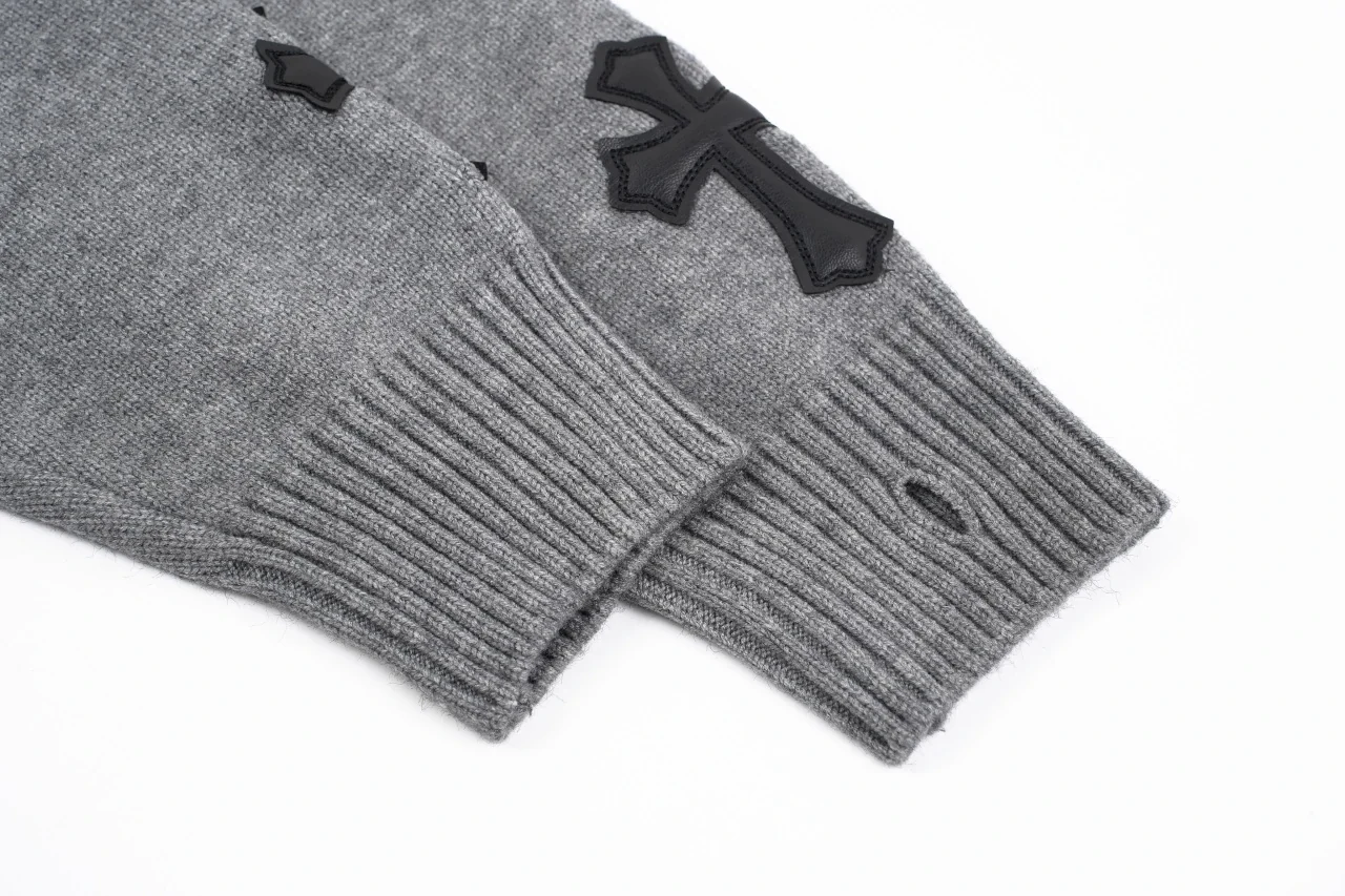 Chrome Hearts Grey Cross Leather Label Intarsia Crewneck Sweater product photo from LabelPicks