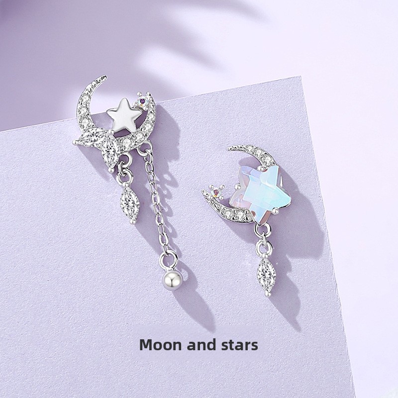 Original Moon and Star Earrings for Women, Pure Silver Ins Star Moonstone Earrings, Asymmetrical Star and Moon Tassel Ear Accessories