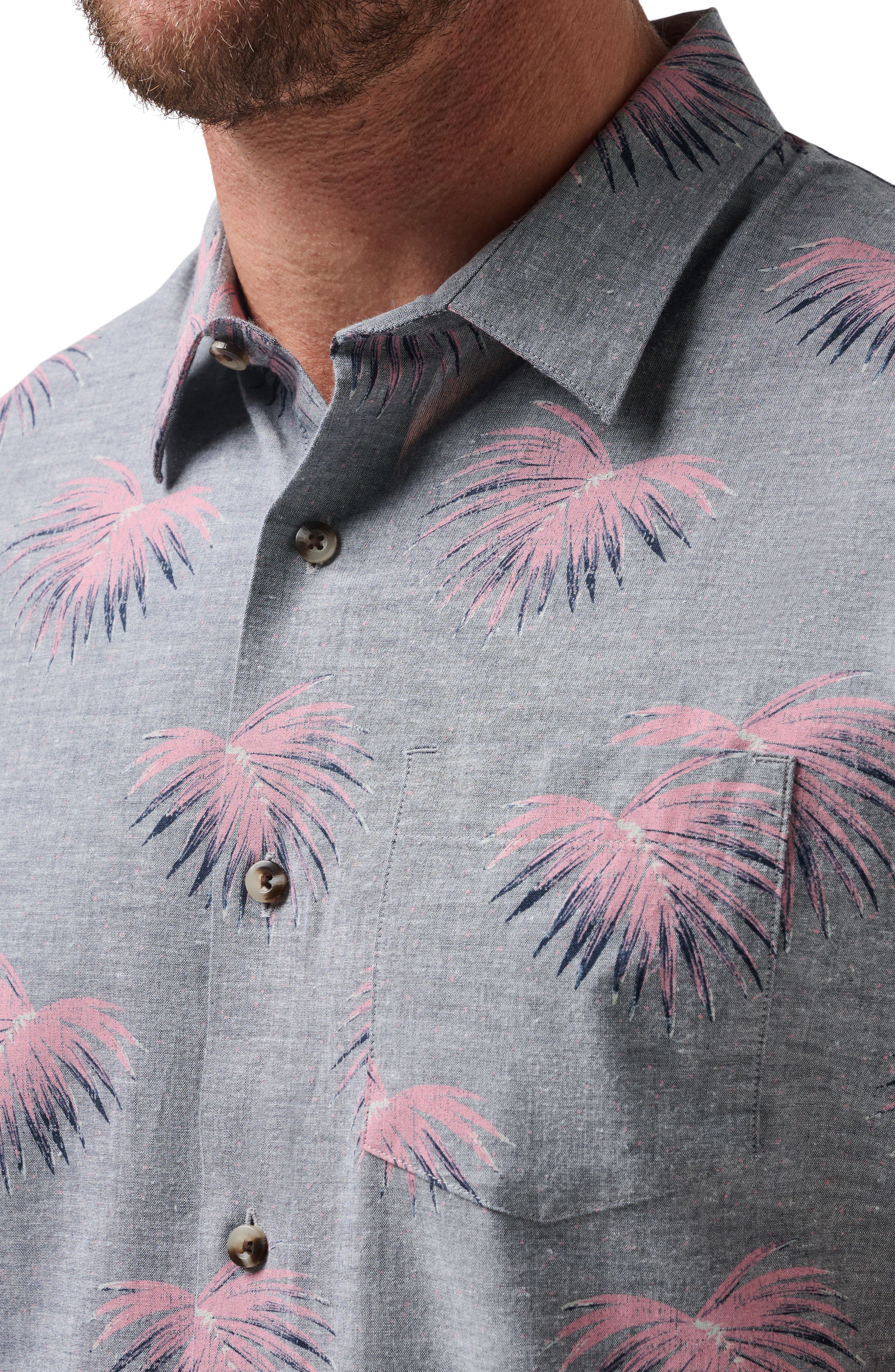 TravisMathew Tip Me Over Leaf Print Short Sleeve Stretch Button-Up Shirt