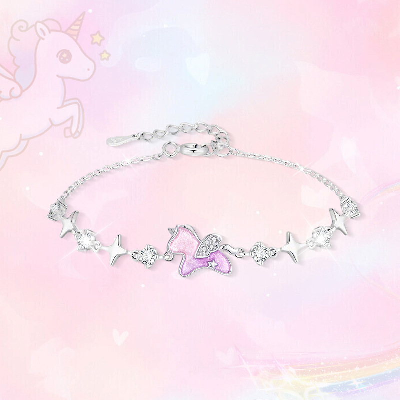 925 sterling silver star wish resin unicorn bracelet for women, niche luxury, girly style, enamel resin bracelet, trendy bracelet