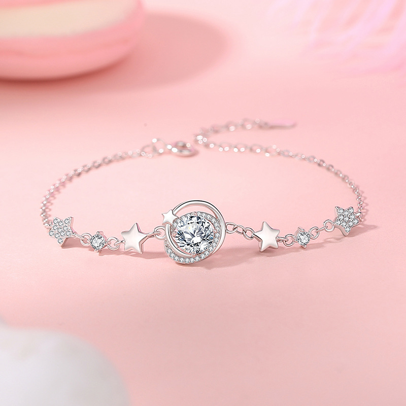 925 Sterling Silver Meteorite Moissanite Bracelet for Women, 1 Carat Star Celestial Jewelry for Women