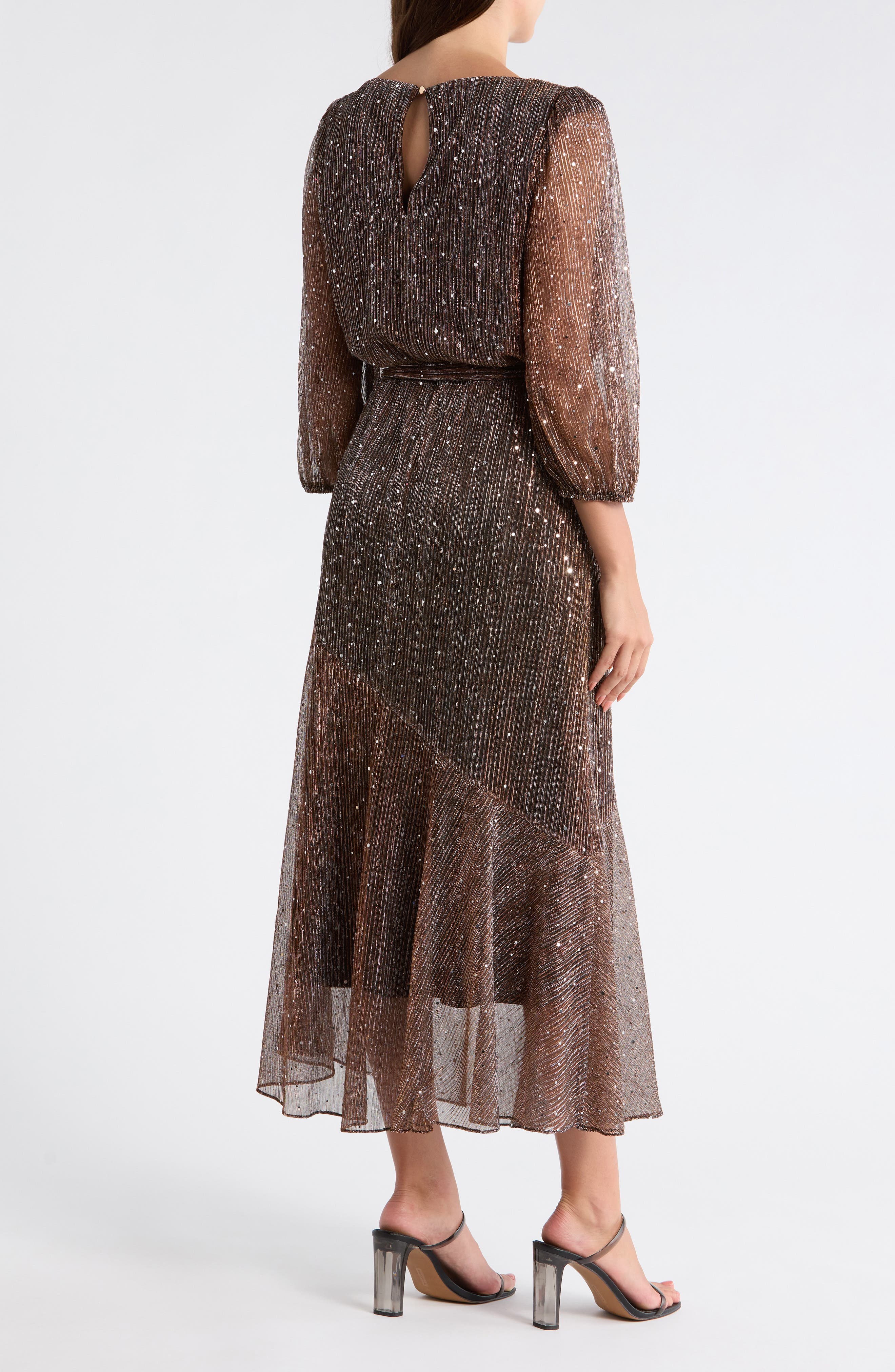 Julia Jordan Balloon Sleeve Metallic Plissé Midi Dress