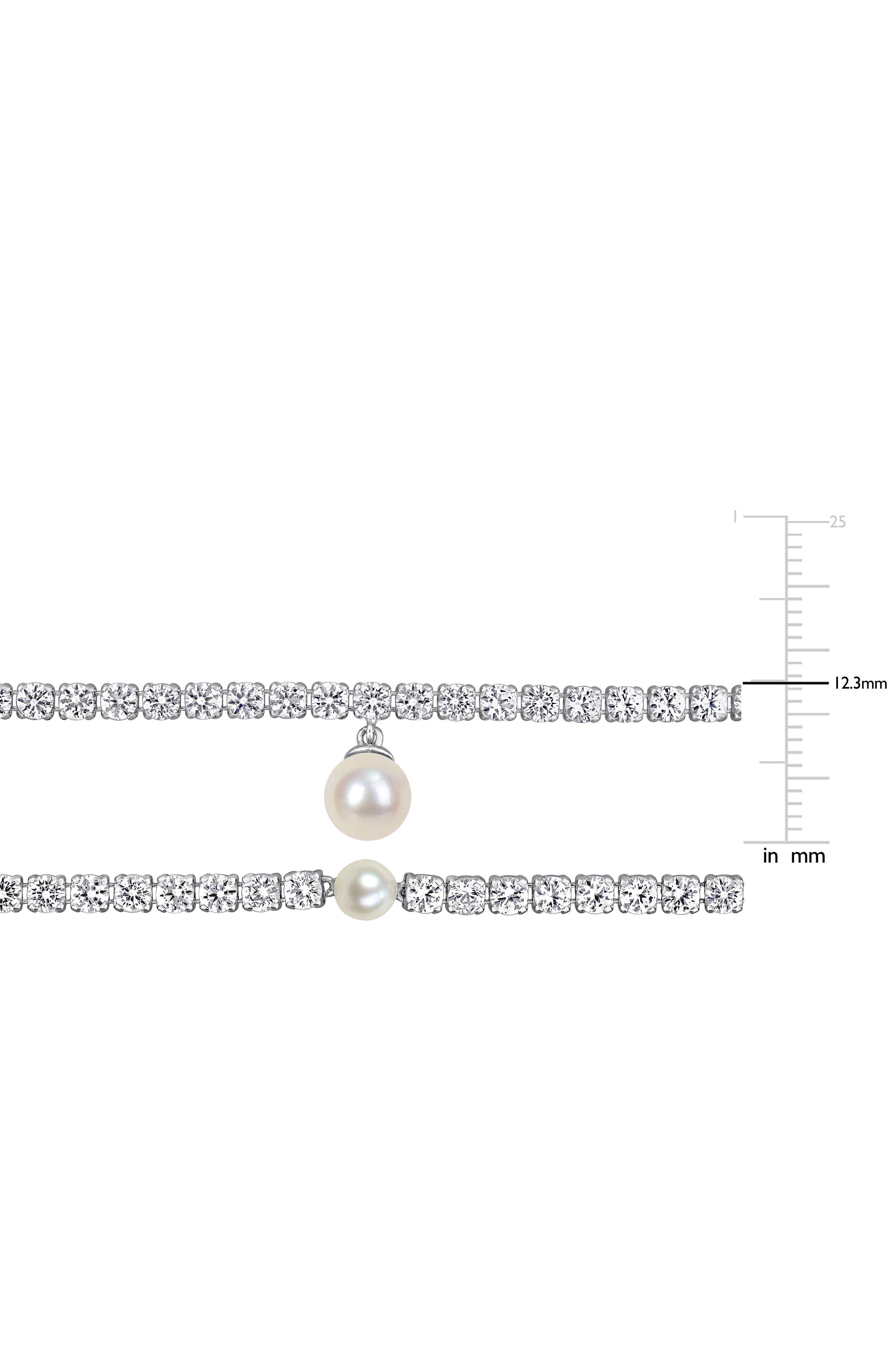 DELMAR Lab Grown White Sapphire & Cultured Freshwater Pearl Tennis Necklace & Bracelet Set
