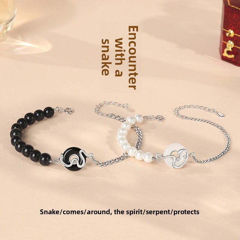 Original Snake Year Peace Charm Couple Bracelet 925 Sterling Silver Chinese Style Retro New Chinese Obsidian Pearl Bracelet