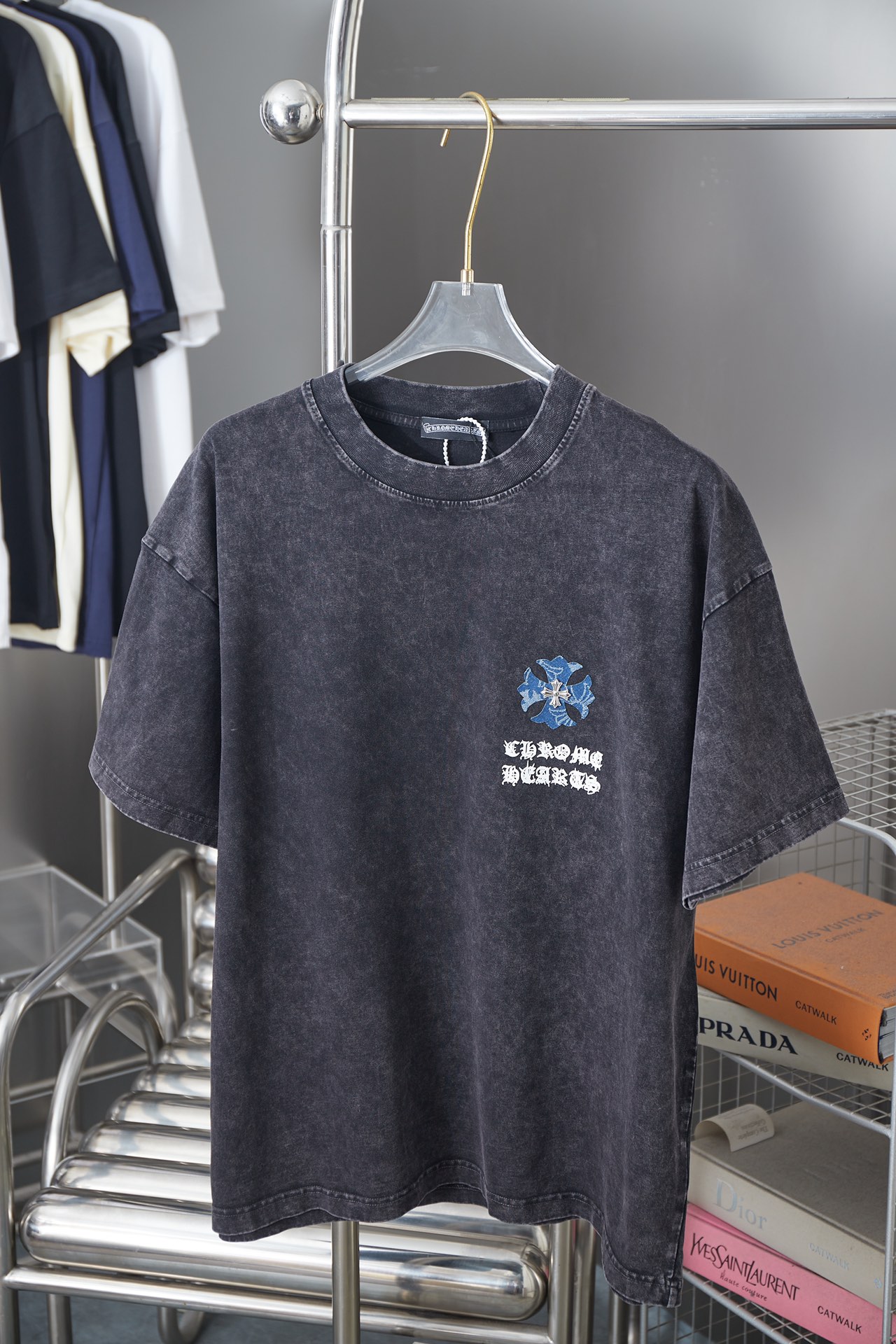 Cross Hot Diamond Print Washed Round Neck T-Shirt