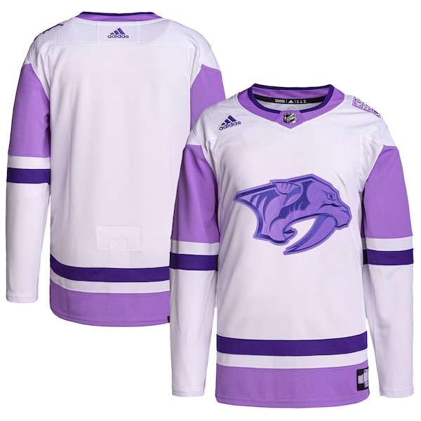 Nashville Predators adidas Hockey Fights Cancer Primegreen Authentic Blank Practice Jersey - White/Purple