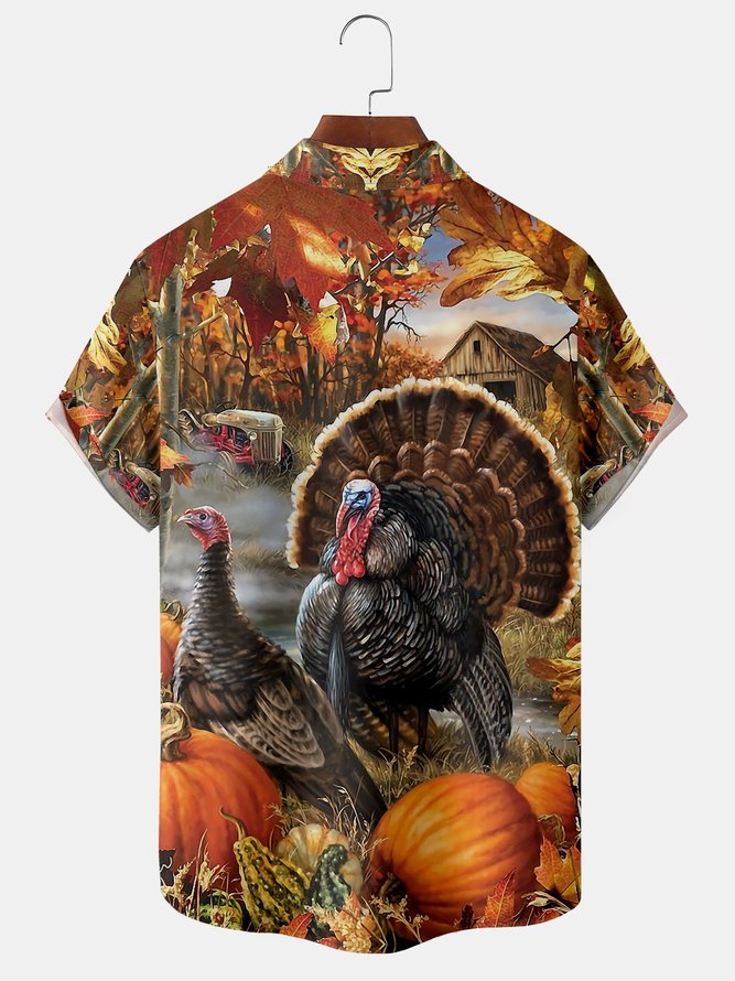 Men's Thanksgiving Turkey Print Casual Short Sleeve Hawaiian Shirt with Breast Pocket