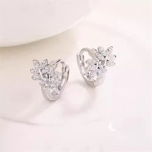 Korean-style micro-paved cubic zirconia cross-leaf earrings, a fresh, unique, and versatile design featuring delicate leaf motifs and individual branch-shaped hoops