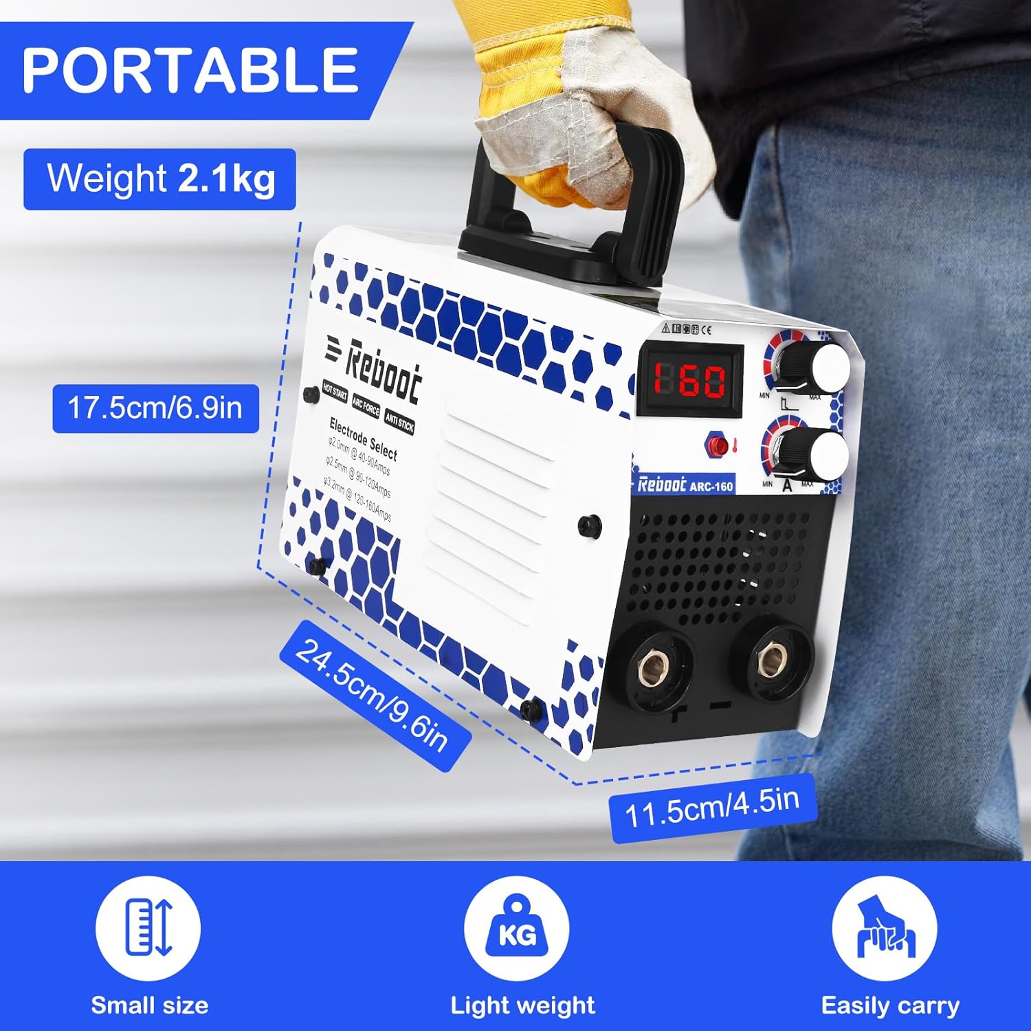 Stick MMA Welder, 160Amp 240V Portable IGBT Inverter Stick Welding Machine with LCD Display, Hot Start & Anti-Stick, Reboot Mini ARC160