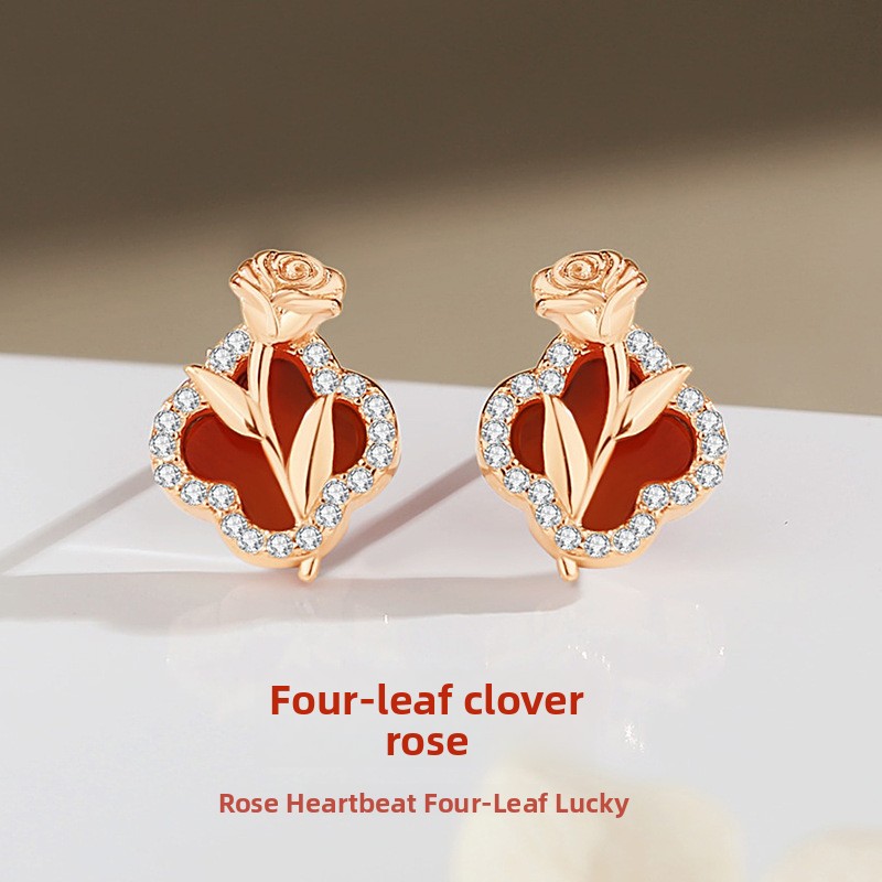 Original four-leaf clover rose flower earrings for women, 925 sterling silver, forest style, ins chic, red agate earrings, holiday gift