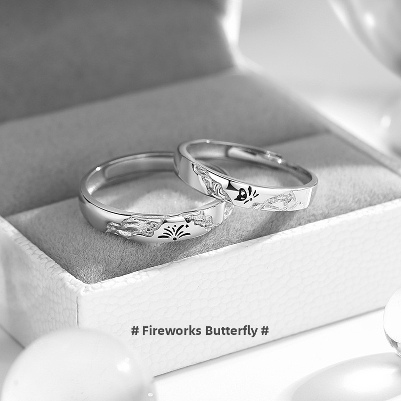 Original design couple rings featuring fireworks and butterflies, with a unique and stylish look, and an adjustable opening, made of 925 sterling silver