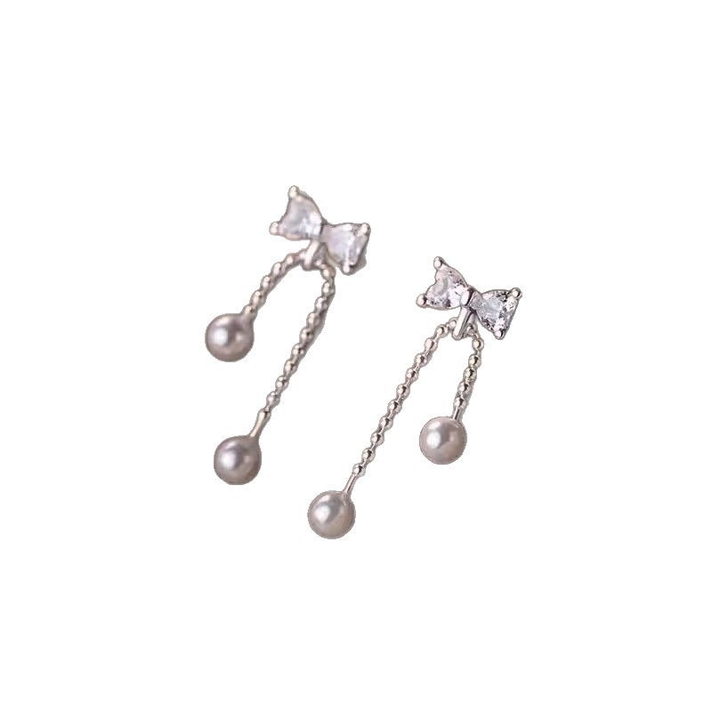 925 sterling silver bow-tie tassel pearl earrings, featuring a delicate and fresh design with cubic zirconia stones, creating a sophisticated and elegant look
