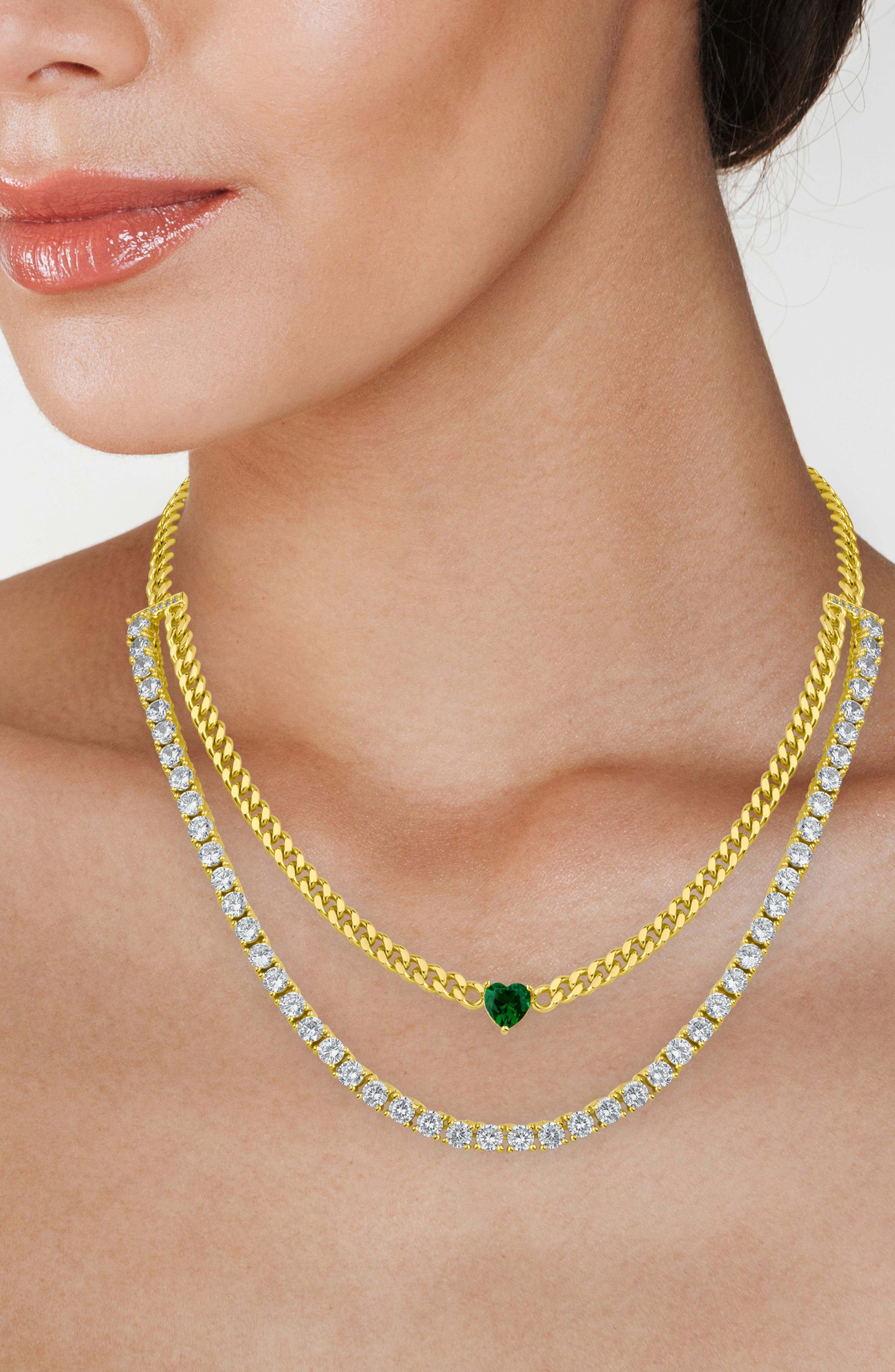 CZ by Kenneth Jay Lane Cubic Zirconia Tennis & Curb Chain Layered Necklace