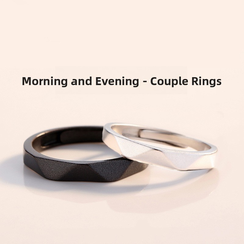 S925 sterling silver couple rings, with a black and white matte finish and a diamond-shaped design, suitable for couples, students, and everyday wear; adjustable size