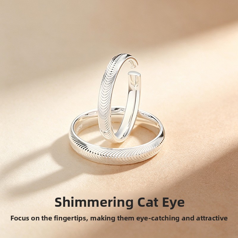 Shimmering cat-eye plain ring, 925 sterling silver, fashionable and minimalist design, open-style couple rings, trendy ring