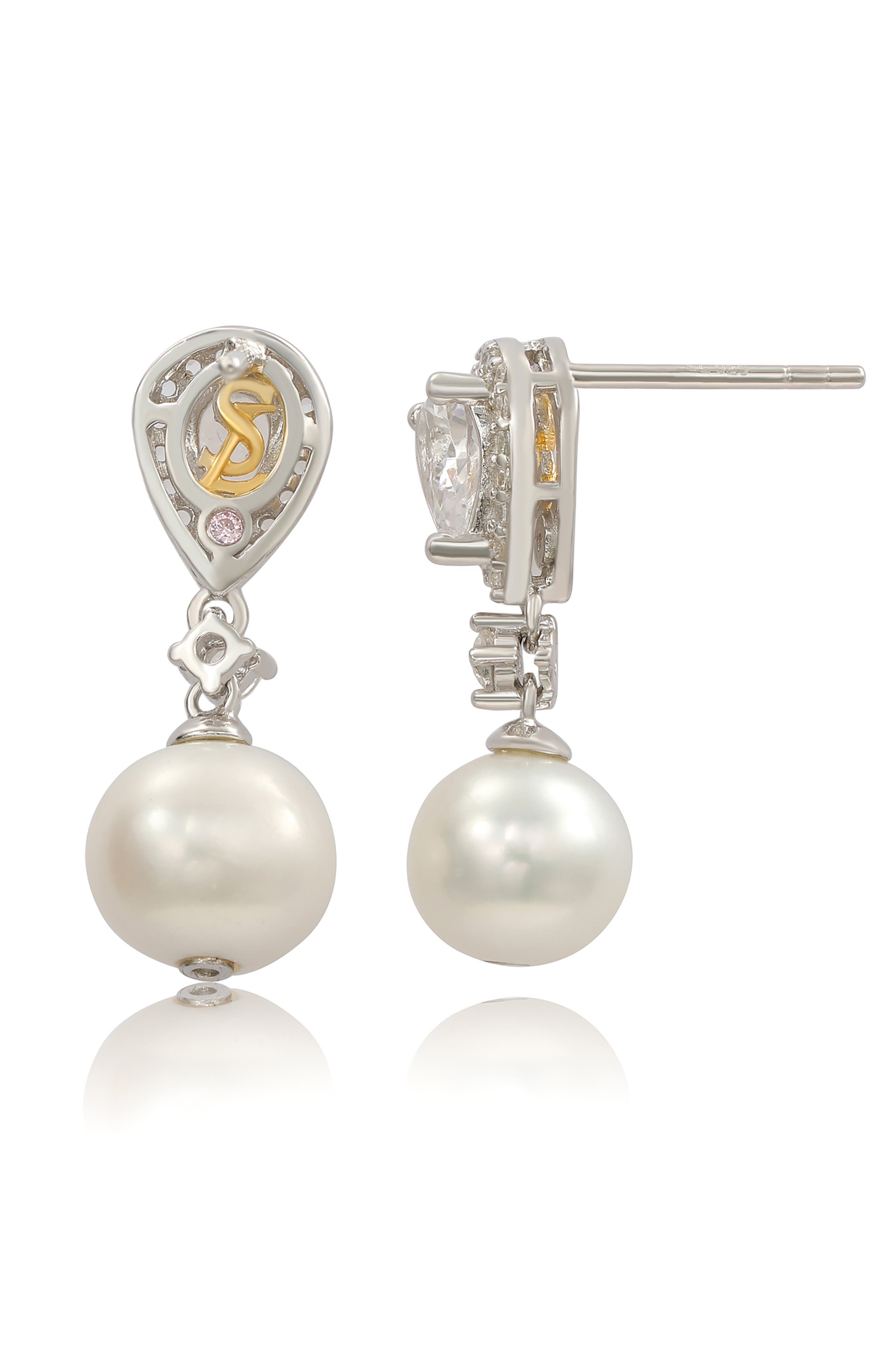 SUZY LEVIAN Sterling Silver Freshwater Pearl & Lab Grown White Sapphire Drop Earrings