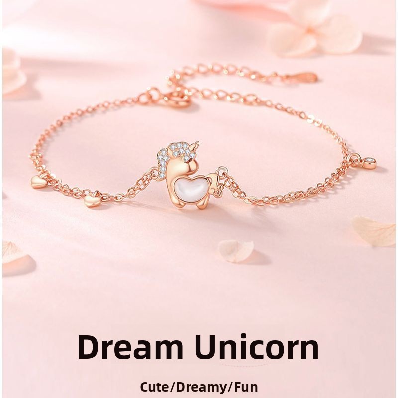Original design, heart-shaped unicorn bracelet for women, made of sterling silver, Korean style, unique rose gold and mother-of-pearl bracelet, perfect as a gift for girlfriends or friends