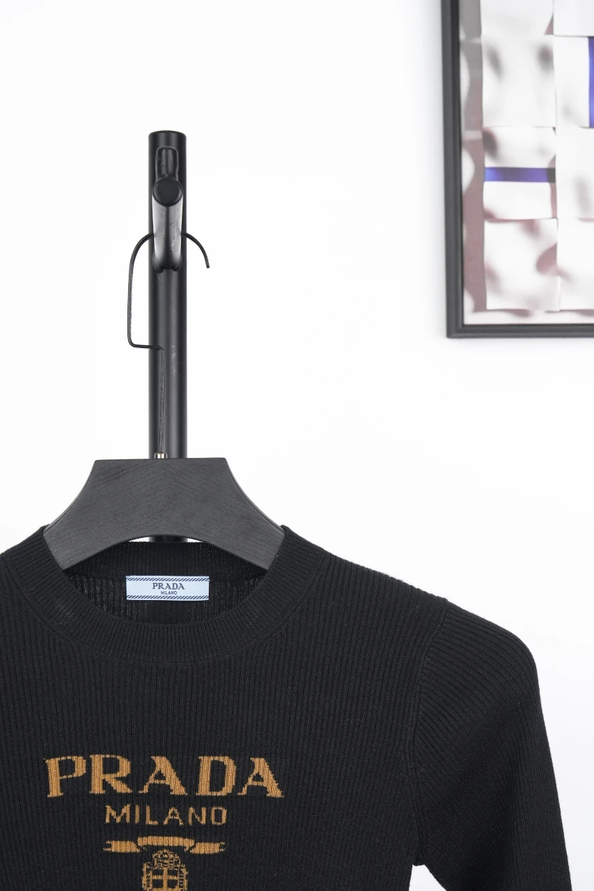 Prada Black Gold Logo Jacquard Recycled Silk Slim Knit Sweater product photo from LabelPicks