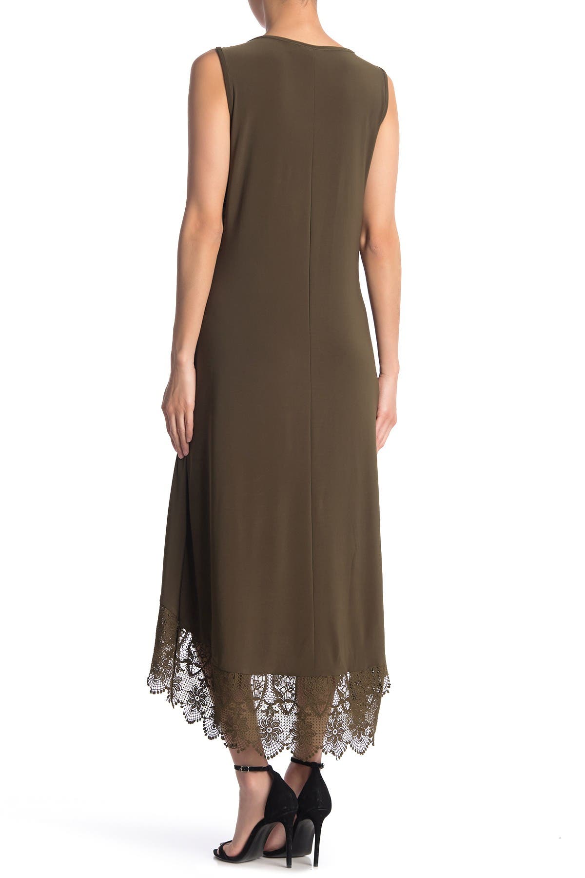 Nina Leonard V-Neck Sleeveless Lace Hem High/Low Dress