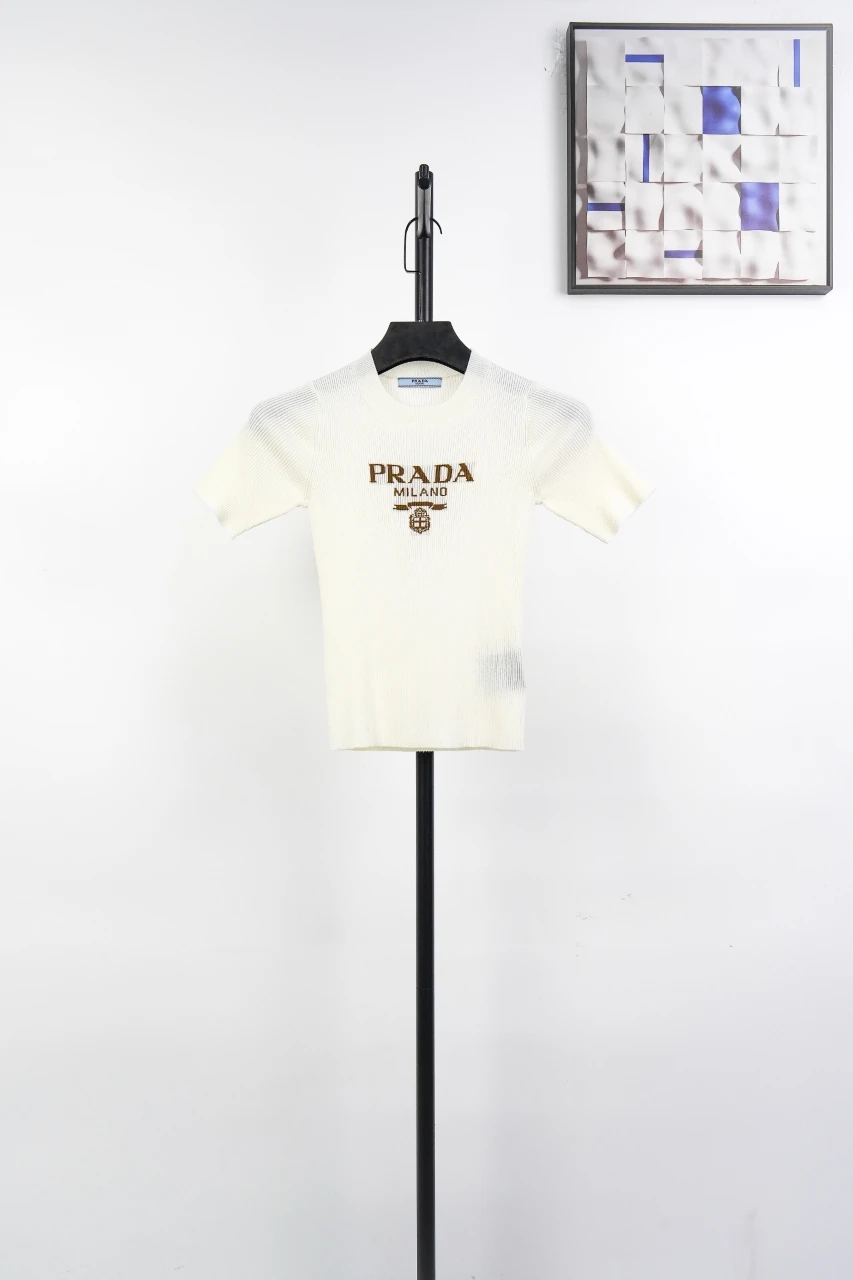 Prada Ivory Logo Embroidered Half-Sleeve Knit Top product photo from LabelPicks