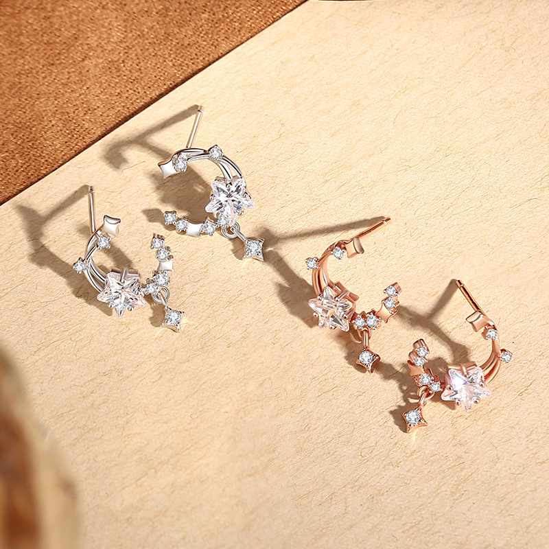 Original Star and Moon Wreath Earrings for Women, Summer Korean Style Fresh Ins Star and Moon Earrings, 925 Sterling Silver Jewelry