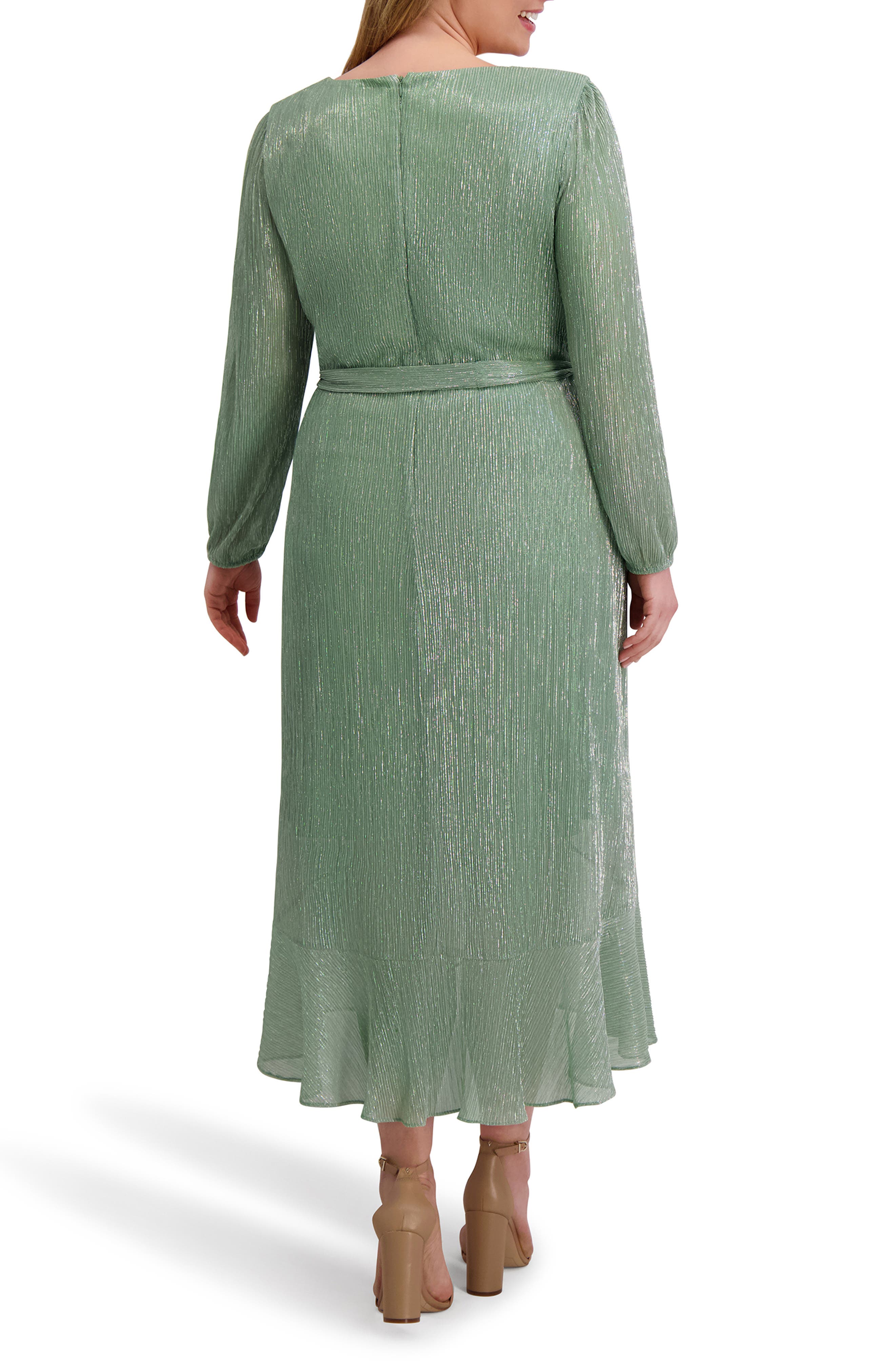 Kensie Ruffled Metallic Long Sleeve High-Low Maxi Dress