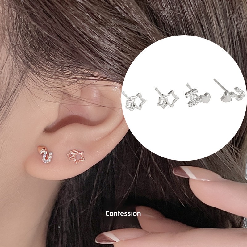 925 sterling silver hollow star earrings for women, featuring a heart-shaped IOU design and delicate cubic zirconia accents, a small and simple, trendy piece of jewelry