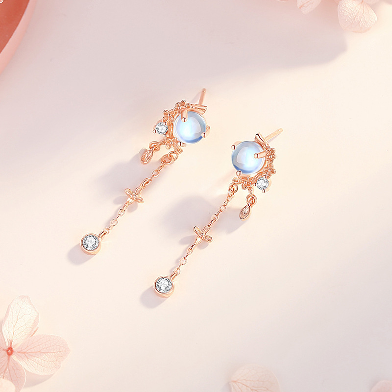 Original forest-style floral long earrings for women, with a high-end feel, made of 925 sterling silver, featuring a fresh and delicate moonstone tassel design, in an Instagram-inspired style