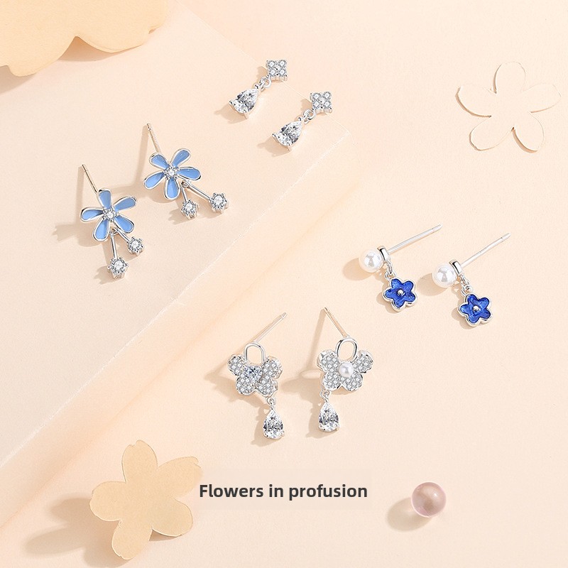 Forest-style floral stud earrings for women, made of pure silver, fresh and versatile for summer, niche ins-style Korean earrings