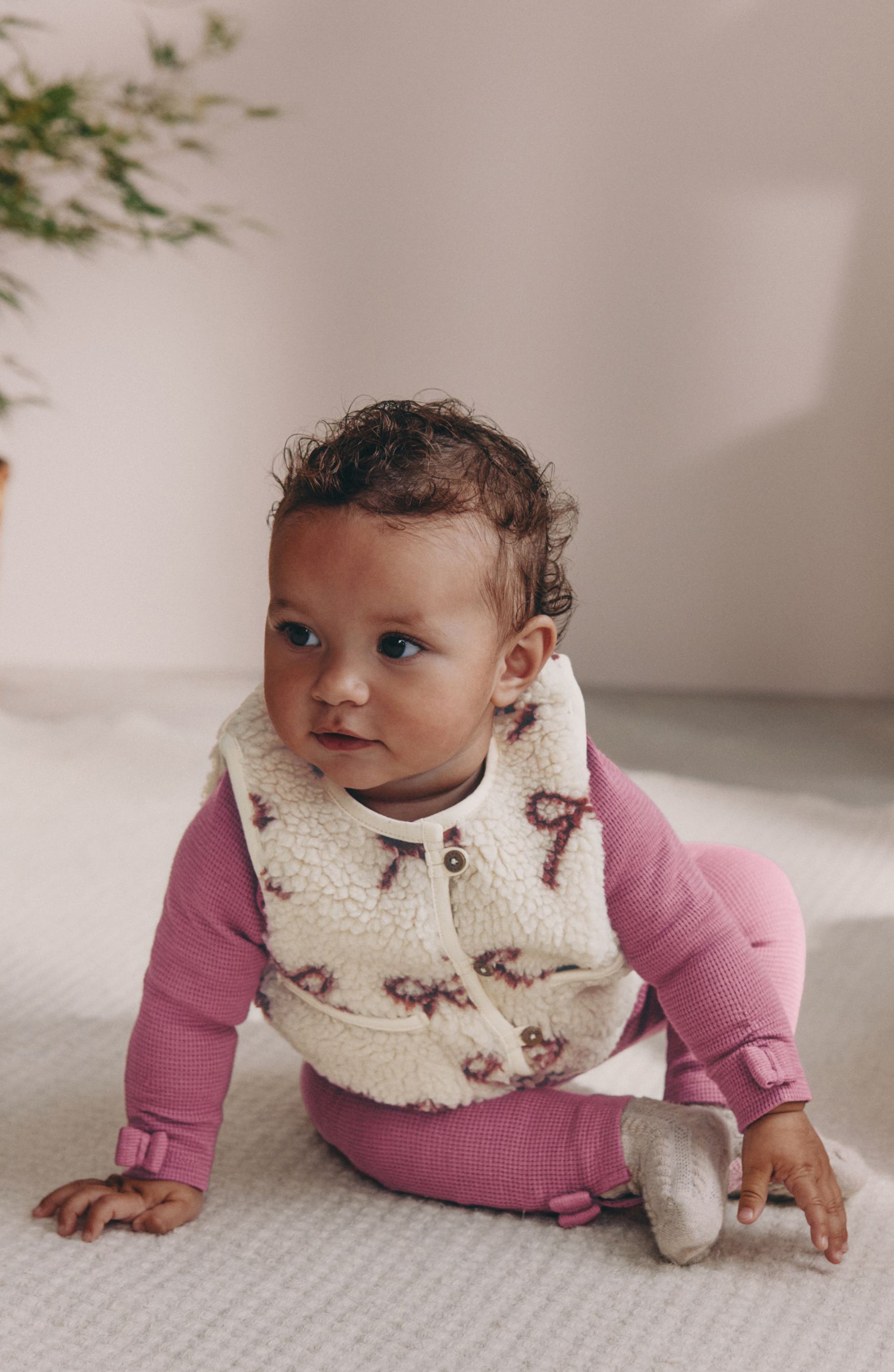 NEXT Bow Print Fleece Vest, Waffle Knit Top and Waffle Knit Leggings Set