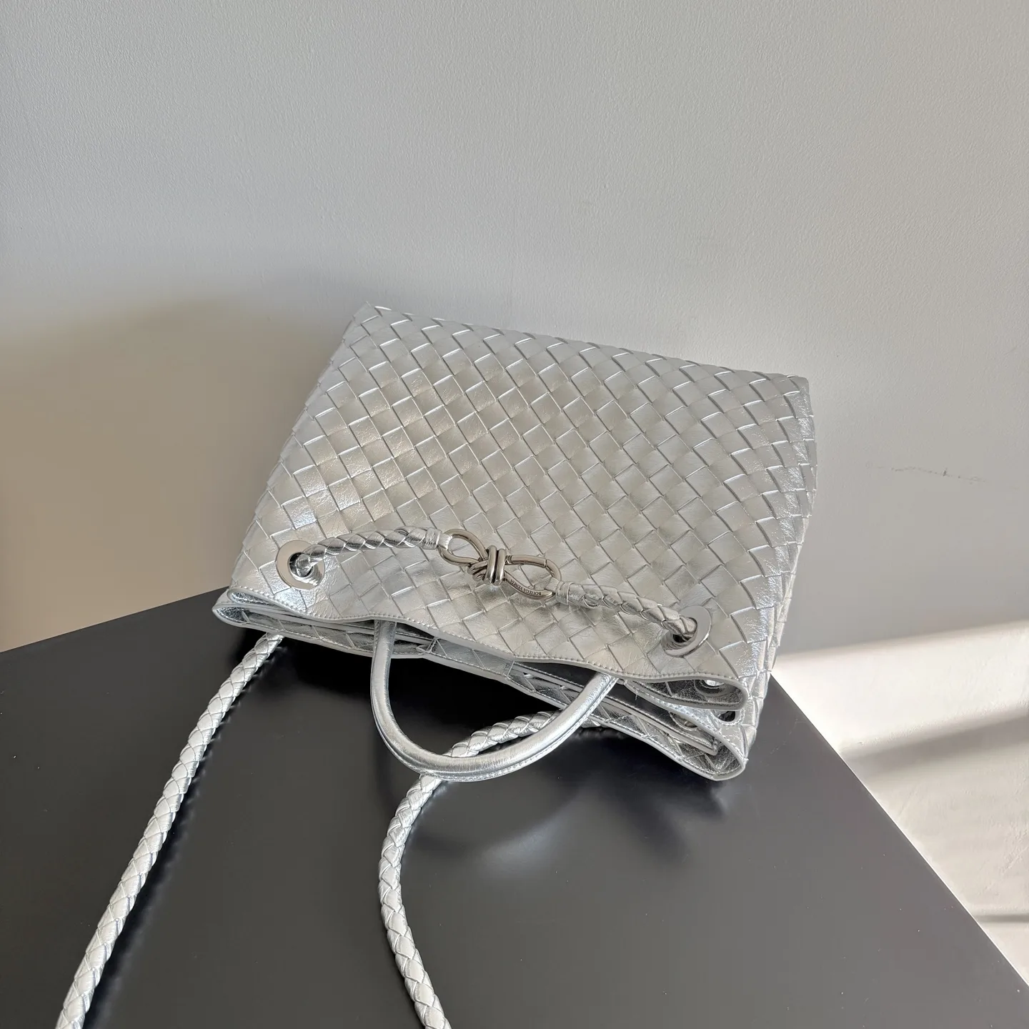 Bottega Veneta Silver Andiamo Intrecciato Woven Leather Top Handle Bag product photo from LabelPicks