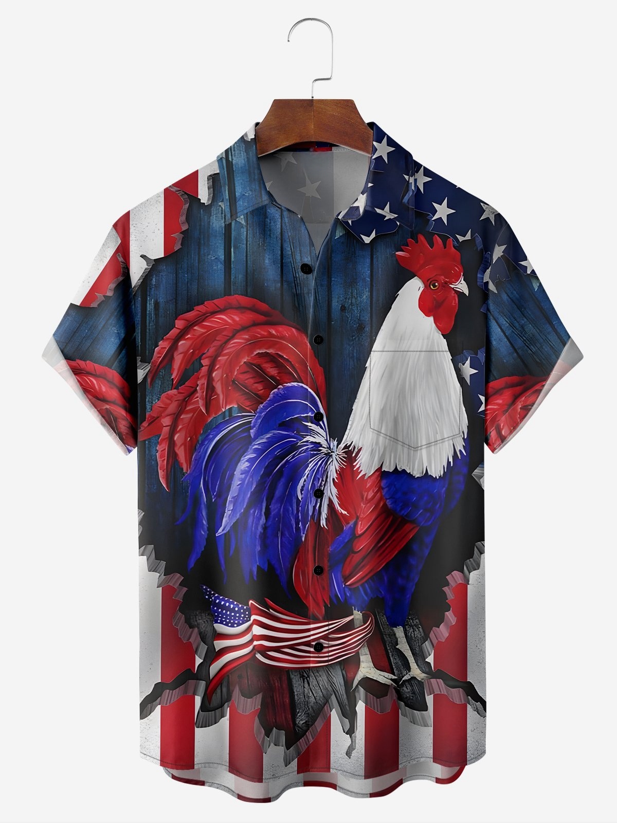Moisture-Wicking Tropical American Flag Rooster Print Shirt
